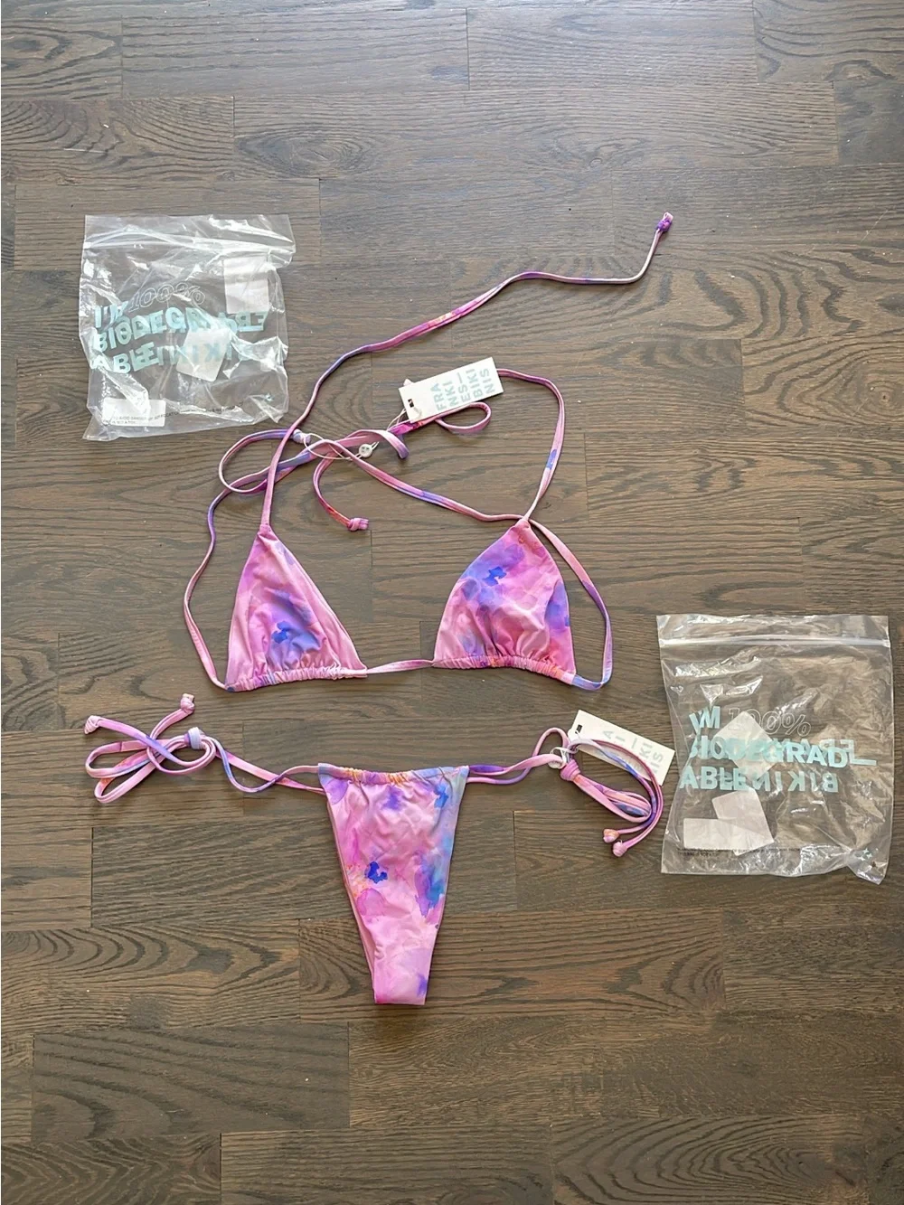 Frankie's Bikinis Pink Purple Tie-Dye Triangle String Bikini Rare